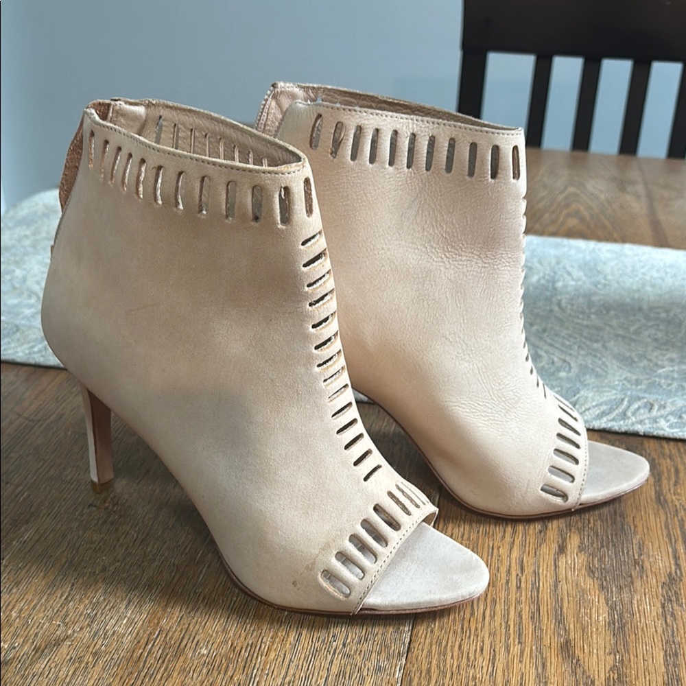 Loeffler Randall Cream Heeled Boots with Peep-Toe and Whipstitch Detail